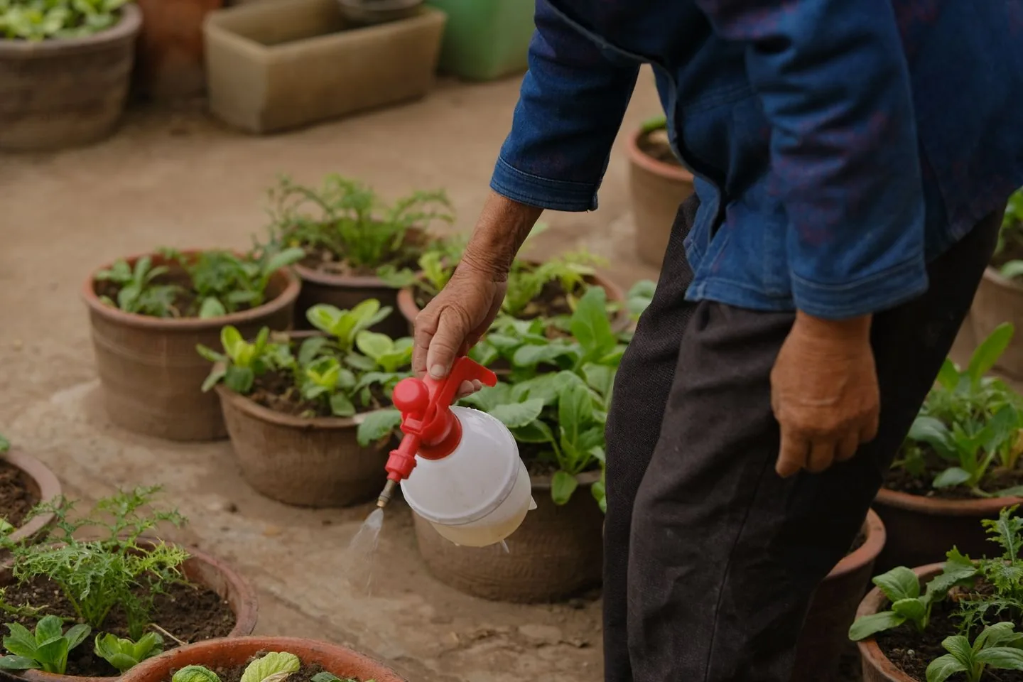 Watering a cluster of terracotta pots planted with young greens