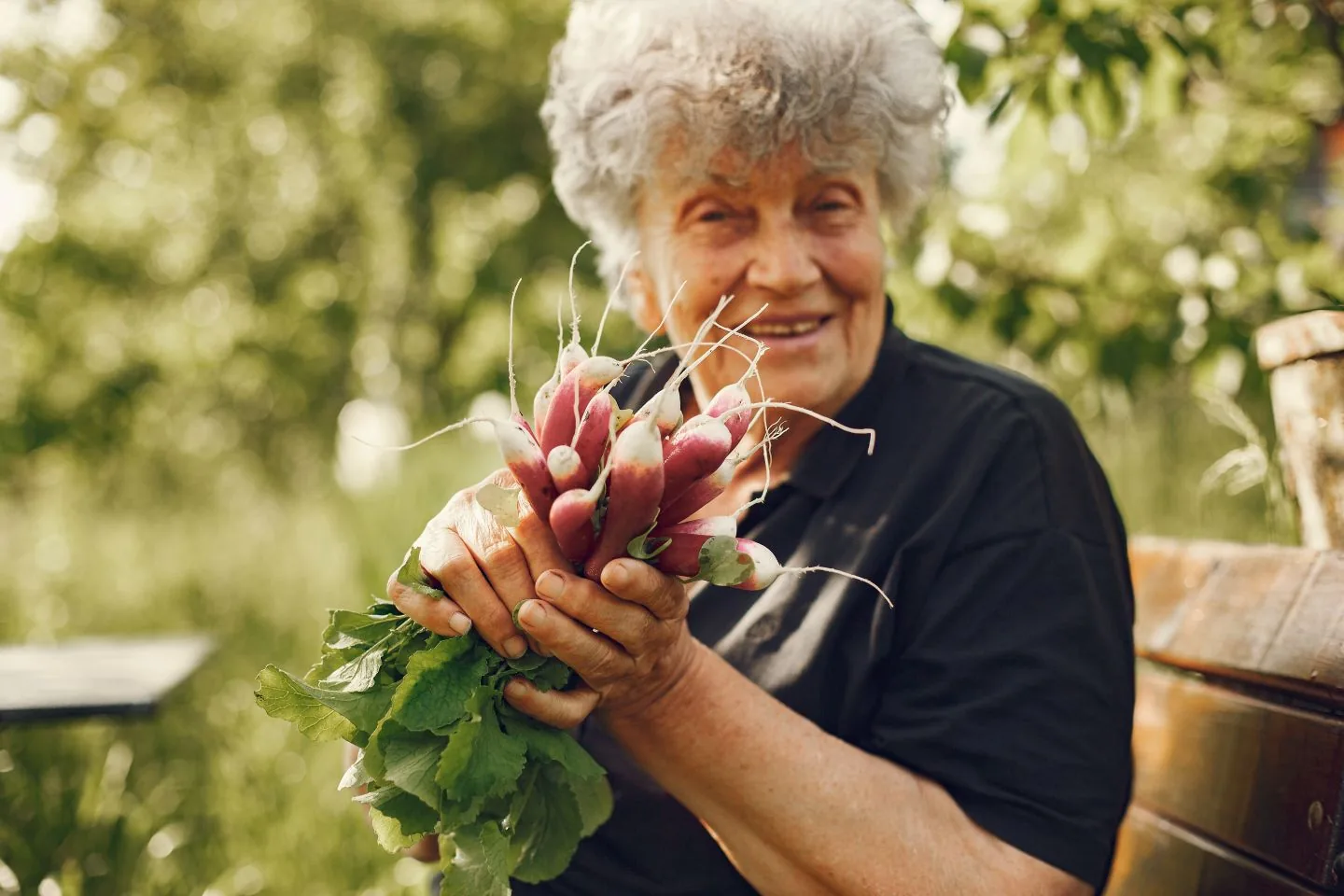Smiling senior gardener holding a bunch of freshly pulled radishes